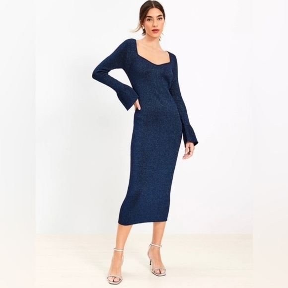 LOFT Dresses & Skirts - NWT LOFT Blue Shimmer Sweater Dress Size Large | Metallic Knit Midi Bodycon Bell